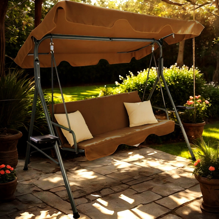 Leagan gradina 3 locuri 170x118x153 cm, cu perne, baldachin reglabil si masute laterale, structura otel, maro [3]