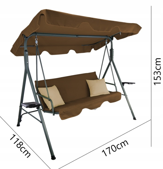 Leagan gradina 3 locuri 170x118x153 cm, cu perne, baldachin reglabil si masute laterale, structura otel, maro [9]