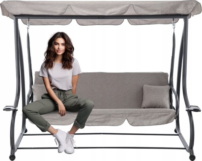 Leagan gradina 3 locuri cu baldachin reglabil, perne si suport pahare, 210x120x170 cm, gri [8]