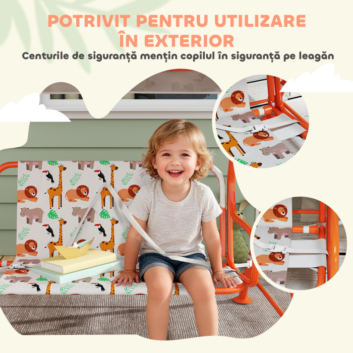  Leagan pentru Copii cu 2 Locuri, Acoperis Reglabil si Curele de Siguranta, Leagan pentru Gradina si Interior din Otel si Material Oxford, Max 60 kg, 112x75x120 cm, Portocaliu [7]