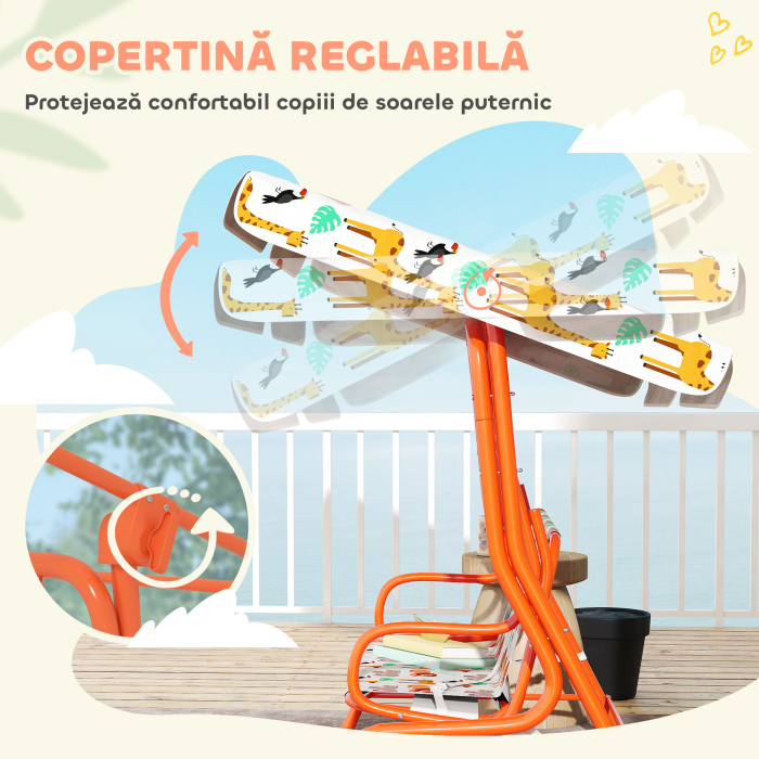  Leagan pentru Copii cu 2 Locuri, Acoperis Reglabil si Curele de Siguranta, Leagan pentru Gradina si Interior din Otel si Material Oxford, Max 60 kg, 112x75x120 cm, Portocaliu [4]