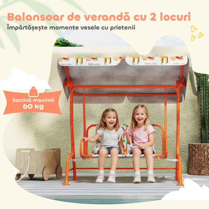  Leagan pentru Copii cu 2 Locuri, Acoperis Reglabil si Curele de Siguranta, Leagan pentru Gradina si Interior din Otel si Material Oxford, Max 60 kg, 112x75x120 cm, Portocaliu [5]