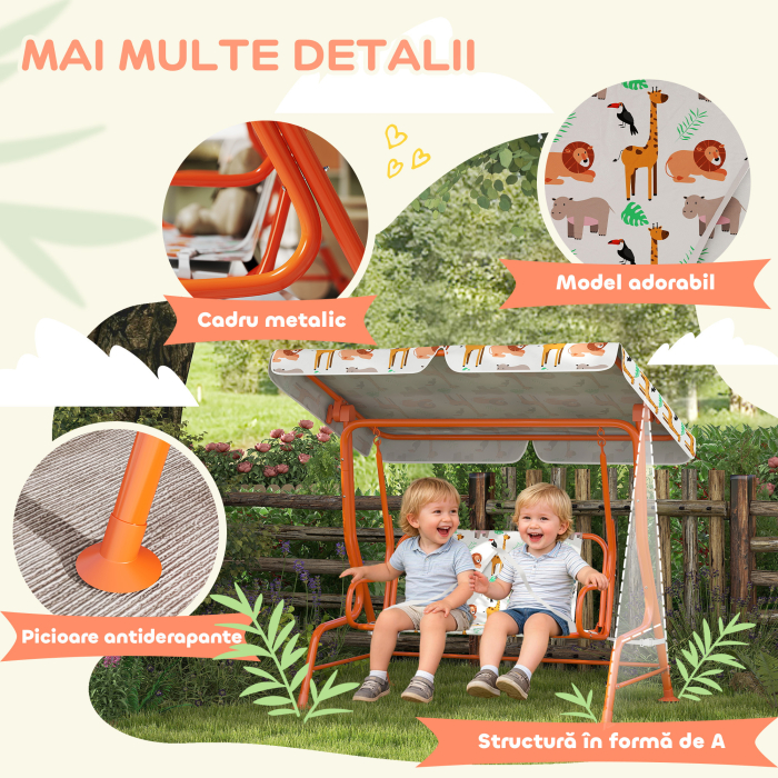  Leagan pentru Copii cu 2 Locuri, Acoperis Reglabil si Curele de Siguranta, Leagan pentru Gradina si Interior din Otel si Material Oxford, Max 60 kg, 112x75x120 cm, Portocaliu [6]