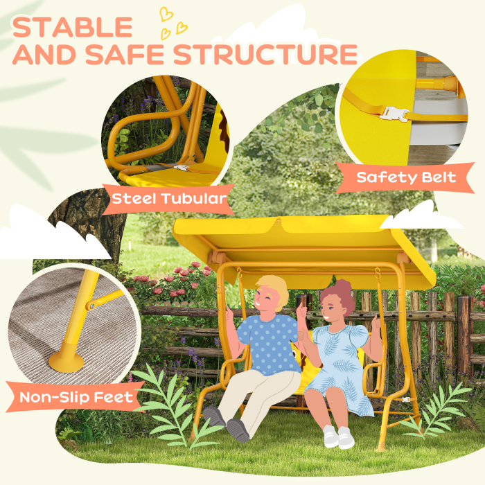  Leagan pentru Copii cu Copertina Reglabila si Centura de Siguranta, 120x112x75 cm, Galben [4]