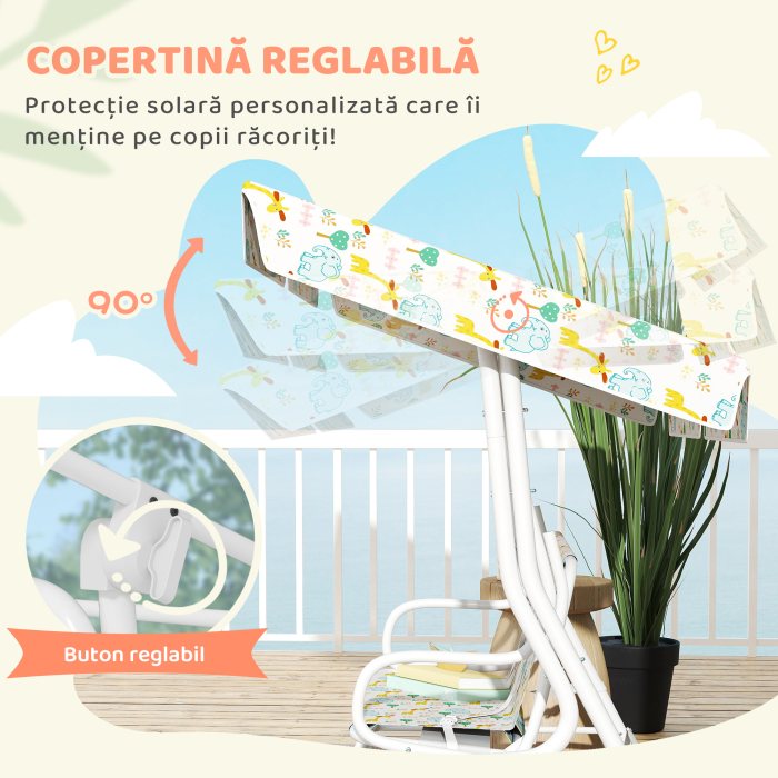  Leagan pentru Copii de Exterior cu 2 Locuri, Acoperis Reglabil si Centuri de Siguranta, 112x75x120 cm, Alb [5]