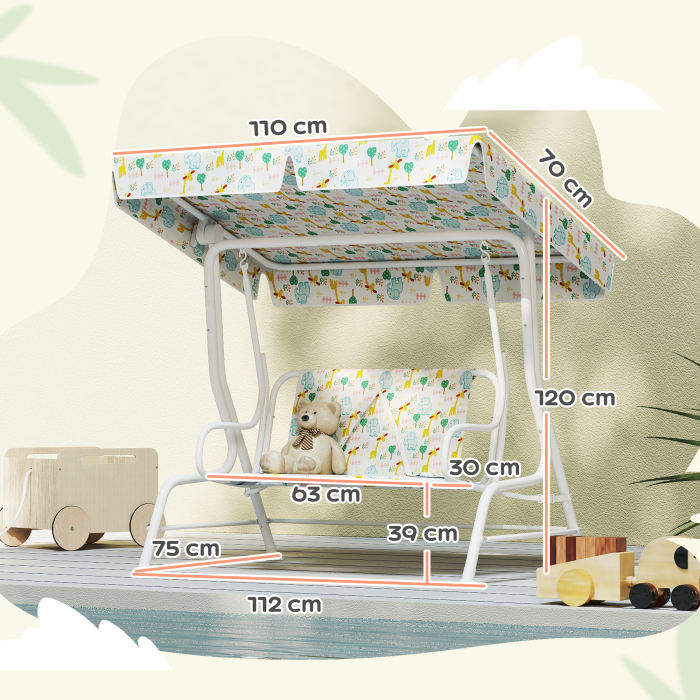  Leagan pentru Copii de Exterior cu 2 Locuri, Acoperis Reglabil si Centuri de Siguranta, 112x75x120 cm, Alb [3]