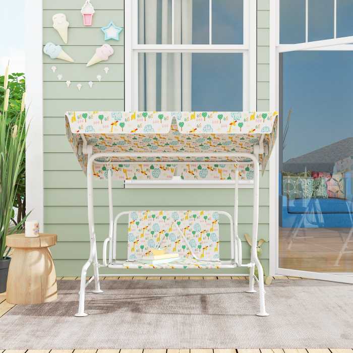  Leagan pentru Copii de Exterior cu 2 Locuri, Acoperis Reglabil si Centuri de Siguranta, 112x75x120 cm, Alb [8]