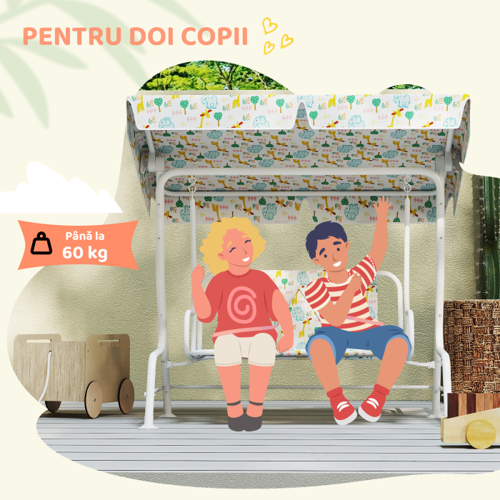  Leagan pentru Copii de Exterior cu 2 Locuri, Acoperis Reglabil si Centuri de Siguranta, 112x75x120 cm, Alb [7]