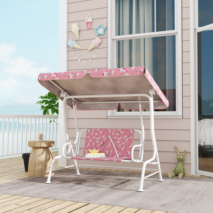  Leagan pentru Copii de Exterior cu 2 Locuri, Acoperis Reglabil si Centuri de Siguranta, Leagan Gradina si Interior din Otel si Material Oxford, Max 60 kg, 112x75x120 cm, Roz [2]