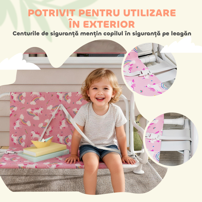  Leagan pentru Copii de Exterior cu 2 Locuri, Acoperis Reglabil si Centuri de Siguranta, Leagan Gradina si Interior din Otel si Material Oxford, Max 60 kg, 112x75x120 cm, Roz [7]