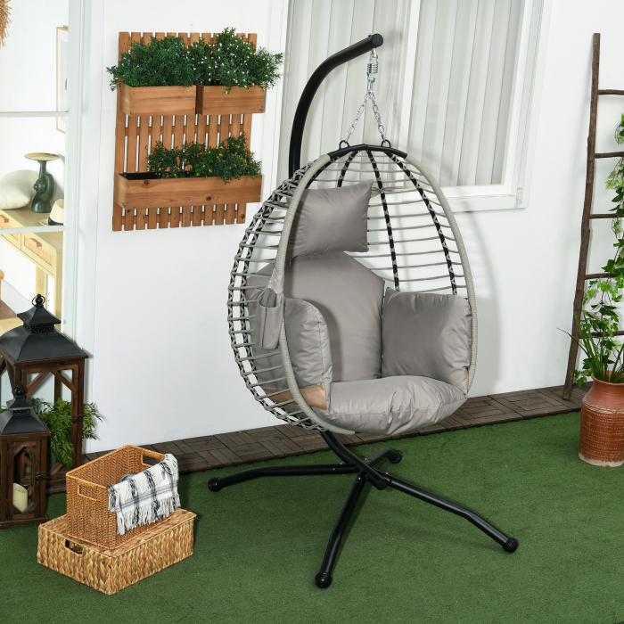  Leagan pentru Exterior cu Perna Capitonata, Scaun Suspendat pentru Terasa cu Suport Metalic, Cos Pliabil, 110x100x188 cm, Gri [2]