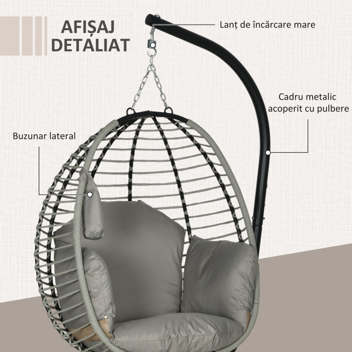  Leagan pentru Exterior cu Perna Capitonata, Scaun Suspendat pentru Terasa cu Suport Metalic, Cos Pliabil, 110x100x188 cm, Gri [7]