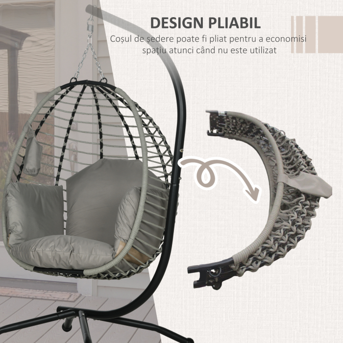  Leagan pentru Exterior cu Perna Capitonata, Scaun Suspendat pentru Terasa cu Suport Metalic, Cos Pliabil, 110x100x188 cm, Gri [5]