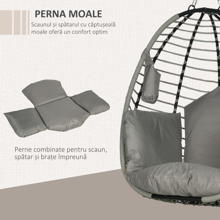  Leagan pentru Exterior cu Perna Capitonata, Scaun Suspendat pentru Terasa cu Suport Metalic, Cos Pliabil, 110x100x188 cm, Gri [6]