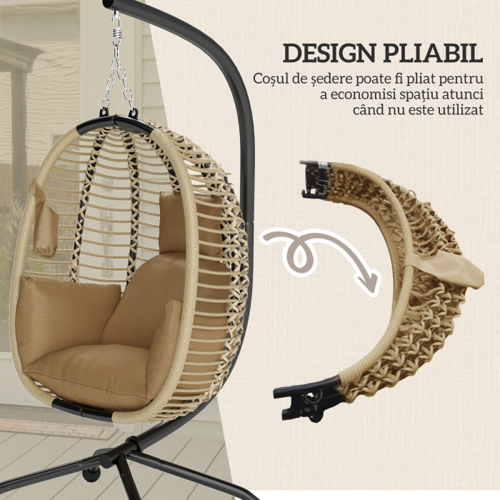  Leagan pentru Exterior cu Perna Capitonata, Scaun Suspendat pentru Terasa cu Suport Metalic, Cos Pliabil, 110x100x188 cm, Gri [5]