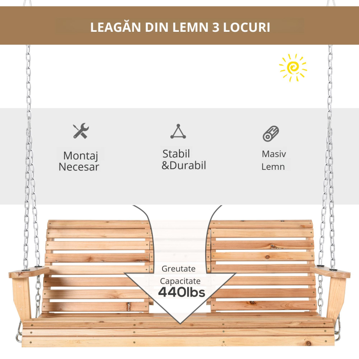  Leagan Suspendat cu 3 Locuri din Lemn pentru Gradina sau Terasa [5]