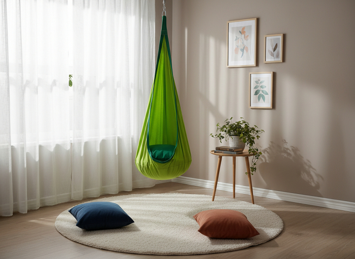 Leagan suspendat tip cocon pentru copii 70x150 cm, textil, pentru interior si exterior, verde [2]