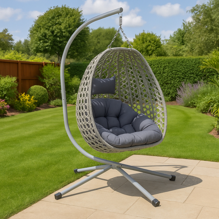 Leagan tip cuib suspendat, cu perna, cadru metalic si cos PE, 103x95x185 cm, gri [8]