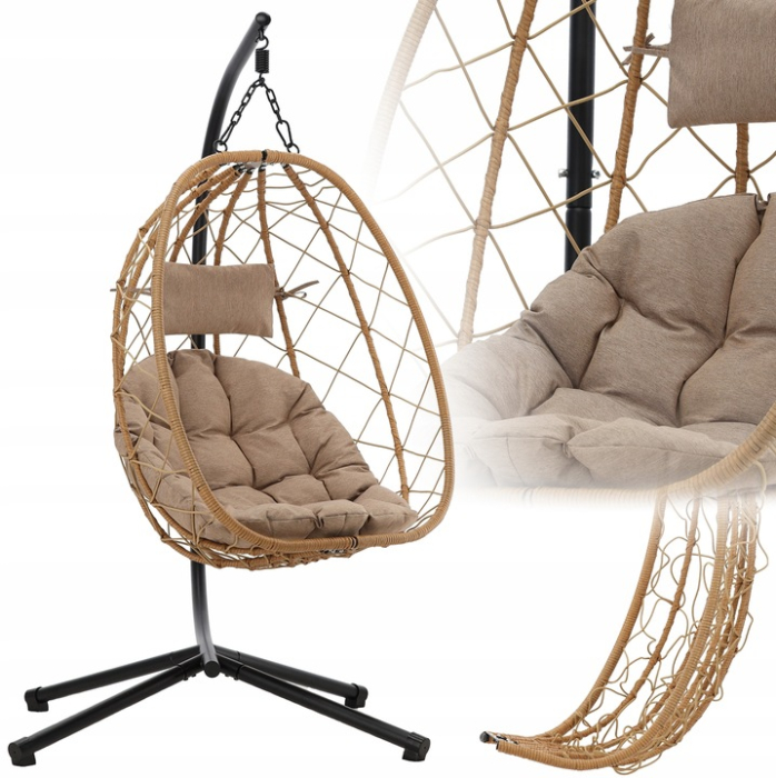 Leagan tip cuib suspendat, cu perna, cadru metalic si cos PE, 103x95x185 cm, maro [3]