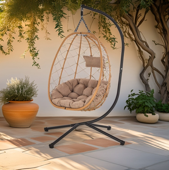 Leagan tip cuib suspendat, cu perna, cadru metalic si cos PE, 103x95x185 cm, maro [2]