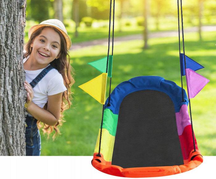 Leagan tip hamac 167x75 cm, cu rama metalica si steaguri colorate, prindere dubla, multicolor [4]