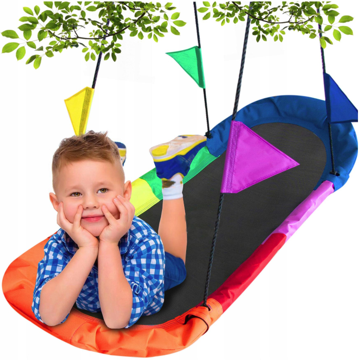 Leagan tip hamac 167x75 cm, cu rama metalica si steaguri colorate, prindere dubla, multicolor [6]