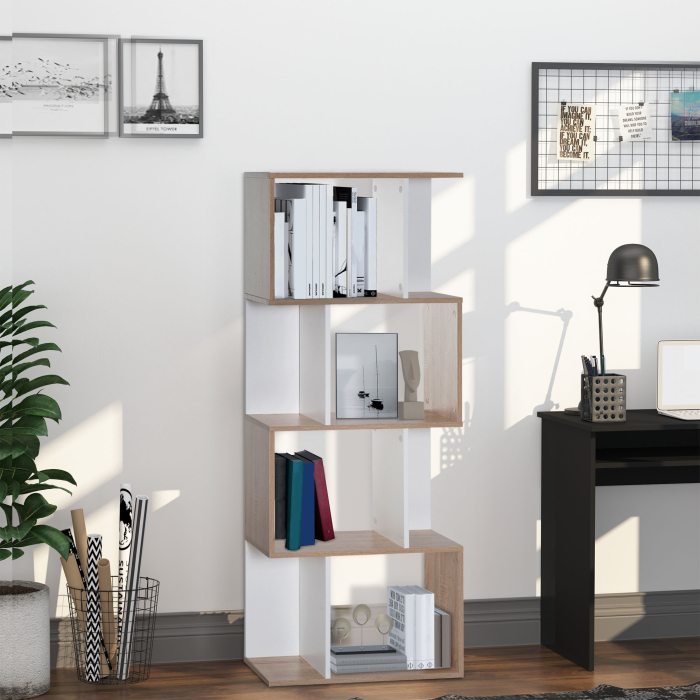  Librarie de Design Modern 4 rafturi Lemn Natural si Alb, 60x24x148cm [2]