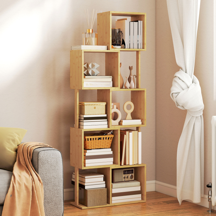  Librarie moderna si asimetrica cu 5 niveluri din bambus, 62.5 x 23 x 165 cm, lemn [9]