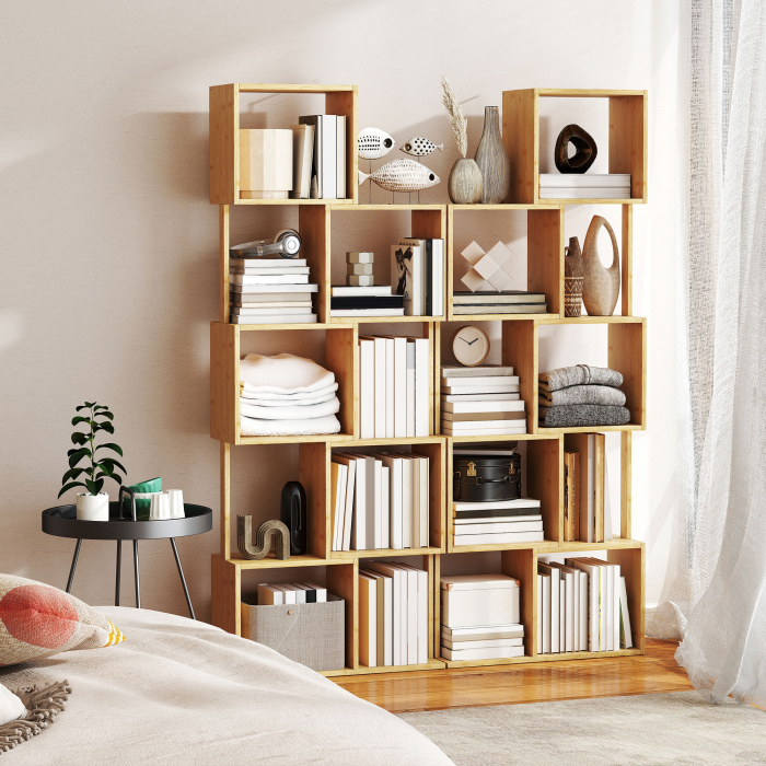 Librarie moderna si asimetrica cu 5 niveluri din bambus, 62.5 x 23 x 165 cm, lemn [7]