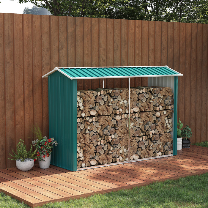  Magazie de Depozitare a Bustenilor, Casa pentru Lemne de Foc din Otel Galvanizat cu Podea inaltata, 240x86x160 cm, Verde [2]