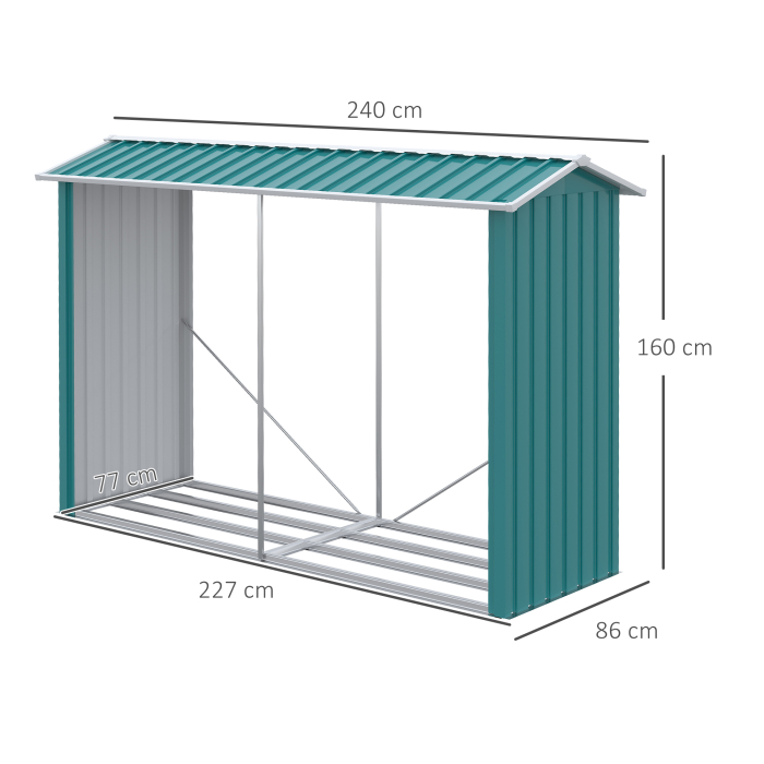  Magazie de Depozitare a Bustenilor, Casa pentru Lemne de Foc din Otel Galvanizat cu Podea inaltata, 240x86x160 cm, Verde [3]