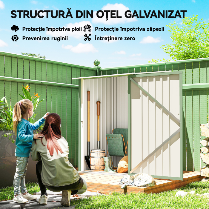  Magazie de Gradina 0,92m² din Otel Galvanizat, Depozit pentru Unelte cu Usa Blocabila, Acoperis inclinat, 100x104x160 cm, Verde Deschis [4]
