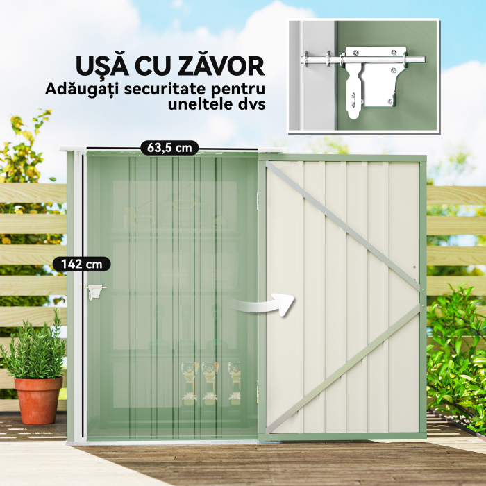  Magazie de Gradina 0,92m² din Otel Galvanizat, Depozit pentru Unelte cu Usa Blocabila, Acoperis inclinat, 100x104x160 cm, Verde Deschis [5]
