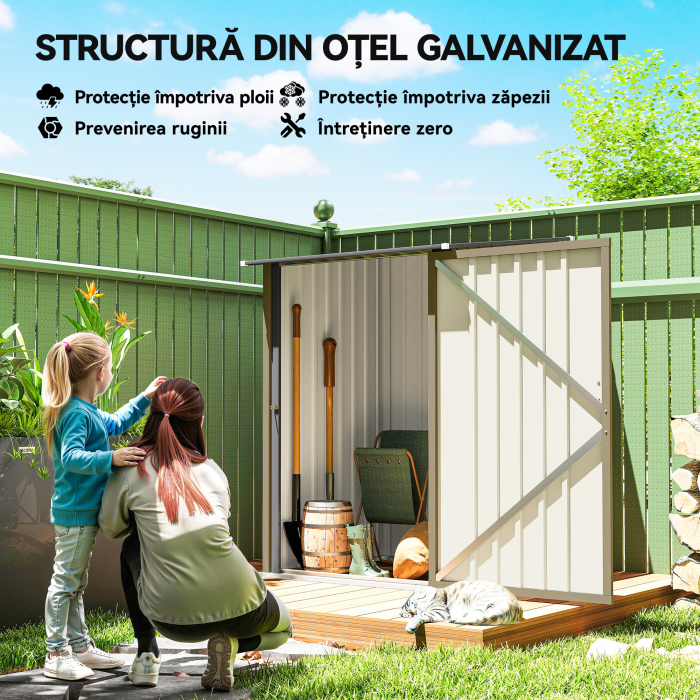  Magazie de Gradina 0,92m² din Otel Galvanizat, Depozit pentru Unelte cu Usa Blocabila si Acoperis inclinat, 100x104x160 cm, Maro si Gri inchis [4]