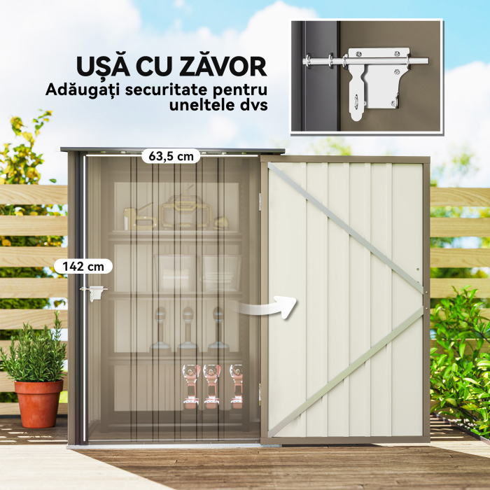  Magazie de Gradina 0,92m² din Otel Galvanizat, Depozit pentru Unelte cu Usa Blocabila si Acoperis inclinat, 100x104x160 cm, Maro si Gri inchis [5]
