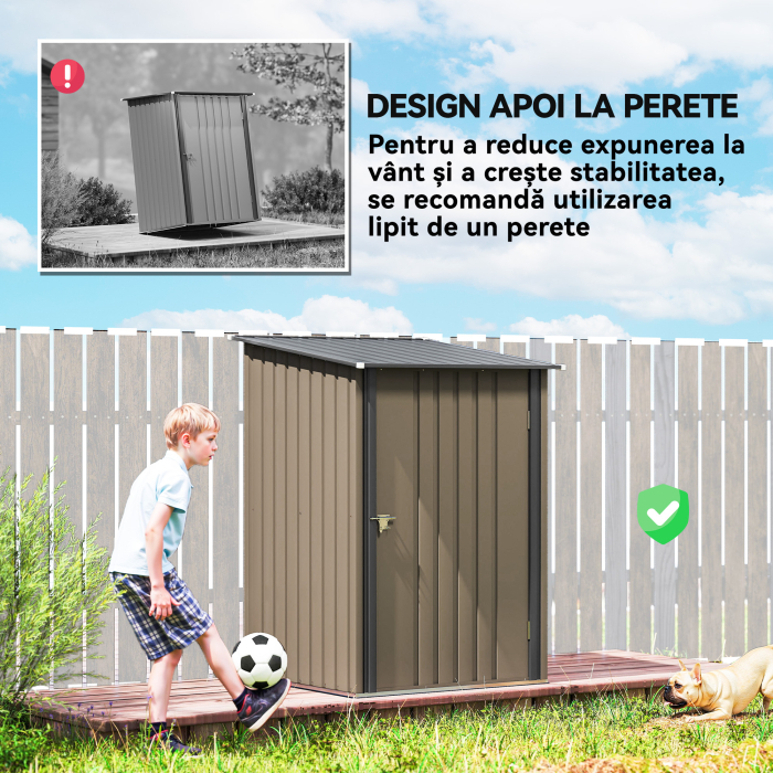  Magazie de Gradina 0,92m² din Otel Galvanizat, Depozit pentru Unelte cu Usa Blocabila si Acoperis inclinat, 100x104x160 cm, Maro si Gri inchis [6]