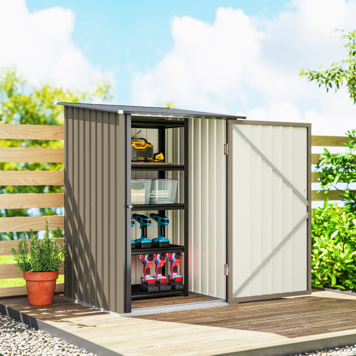  Magazie de Gradina 0,92m² din Otel Galvanizat, Depozit pentru Unelte cu Usa Blocabila si Acoperis inclinat, 100x104x160 cm, Maro si Gri inchis [8]