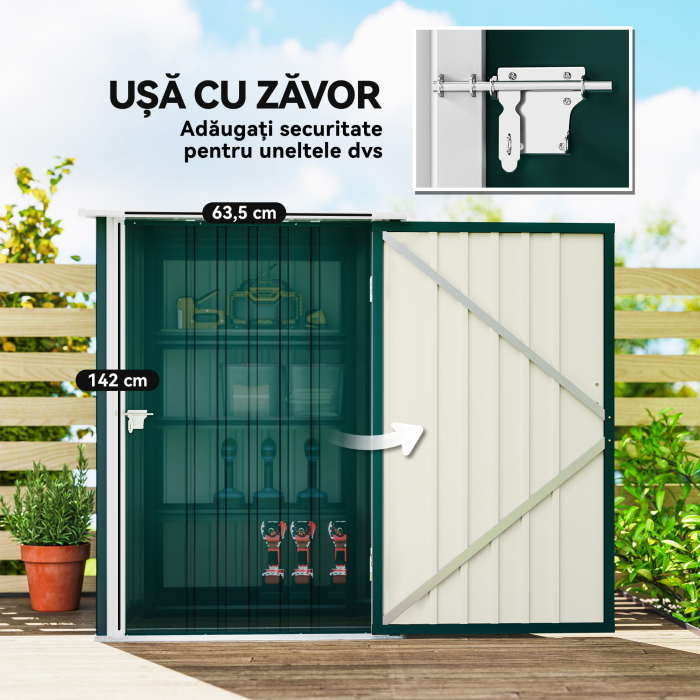  Magazie de Gradina 0,92m² din Otel Galvanizat, Depozit Unelte cu Usa Blocabila, Acoperis inclinat, 100x104x160 cm, Verde [5]