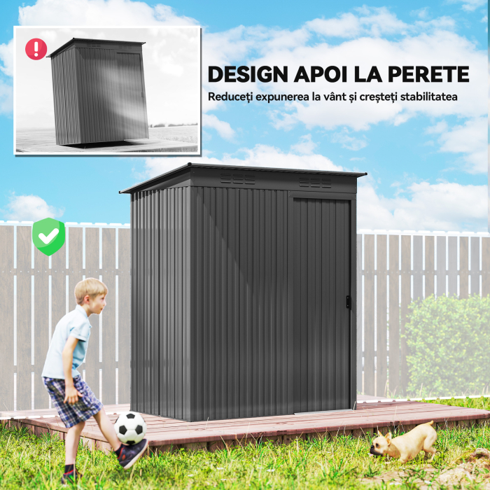  Magazie de Gradina 1.37m² din Metal, Montaj Simplu, Magazie pentru Unelte de Gradina cu Fante de Aerisire, Usa Culisanta, Acoperis inclinat si Manusi, 159x106x181 cm, Gri inchis [6]