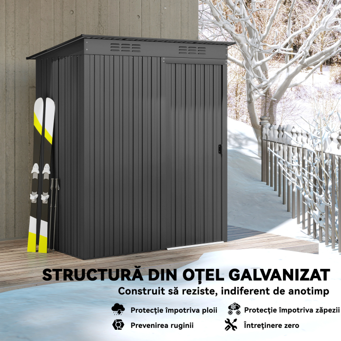  Magazie de Gradina 1.37m² din Metal, Montaj Simplu, Magazie pentru Unelte de Gradina cu Fante de Aerisire, Usa Culisanta, Acoperis inclinat si Manusi, 159x106x181 cm, Gri inchis [5]