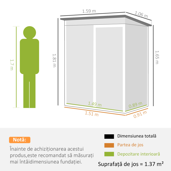  Magazie de Gradina 1.37m² din Metal, Montaj Simplu, Magazie pentru Unelte de Gradina cu Fante de Aerisire, Usa Culisanta, Acoperis inclinat si Manusi, 159x106x181 cm, Gri inchis [3]
