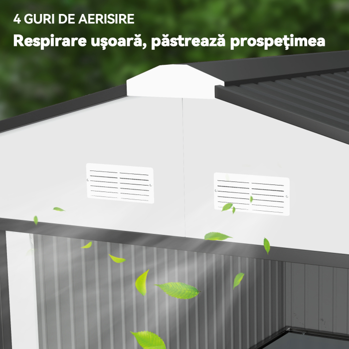  Magazie de Gradina 12,4 m² 340x386x200 cm cu Usi Glisante, Acoperis inclinat si 4 Guri de Aerisire, Alba [8]