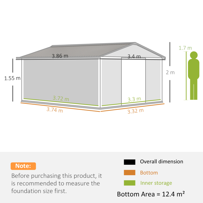  Magazie de Gradina 12,4 m² 340x386x200 cm cu Usi Glisante, Acoperis inclinat si 4 Guri de Aerisire, Alba [3]