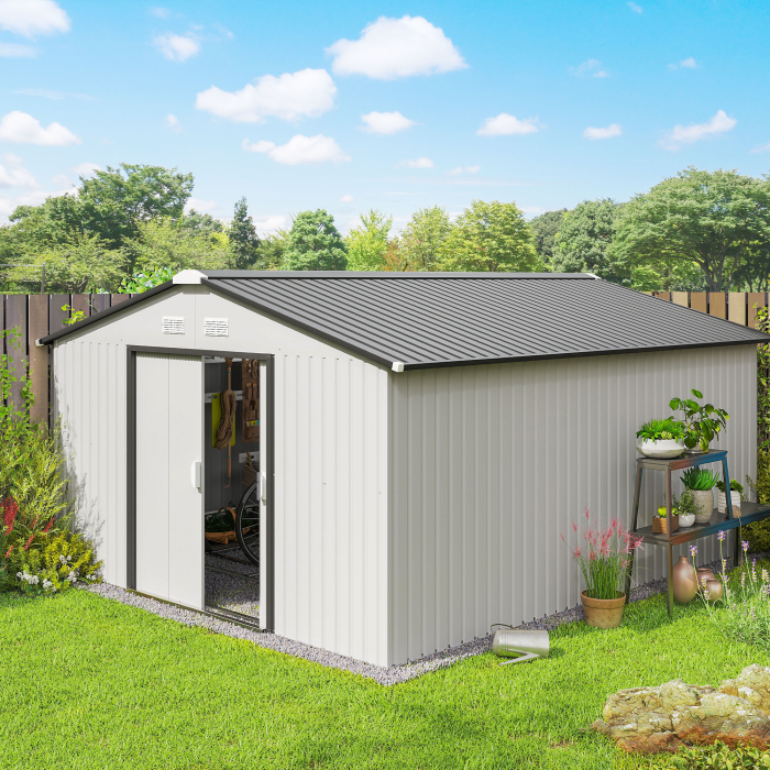  Magazie de Gradina 12,4 m² 340x386x200 cm cu Usi Glisante, Acoperis inclinat si 4 Guri de Aerisire, Alba [2]