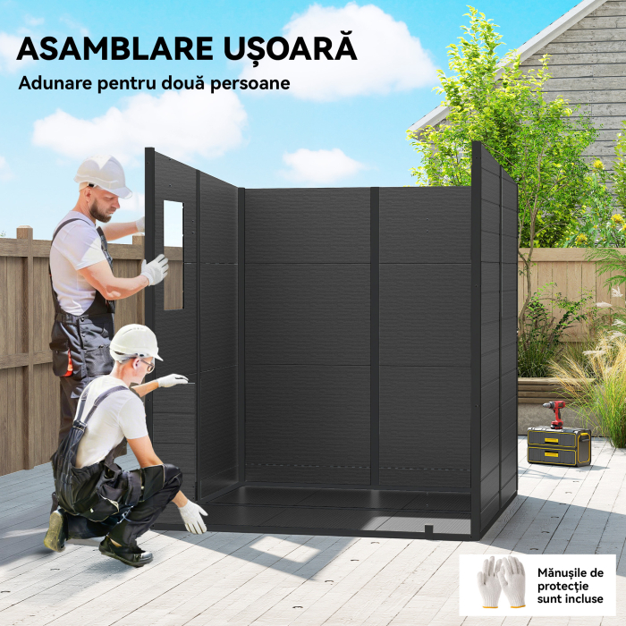  Magazie de Gradina 2.89m² din PP si Aluminiu cu Podea, Depozit Gradina cu Usi Duble cu incuietoare, Aerisiri, 3 Ferestre, Acoperis inclinat, Manusi, Gri inchis [7]