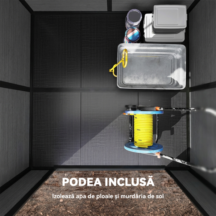  Magazie de Gradina 2.89m² din PP si Aluminiu cu Podea, Depozit Gradina cu Usi Duble cu incuietoare, Aerisiri, 3 Ferestre, Acoperis inclinat, Manusi, Gri inchis [4]
