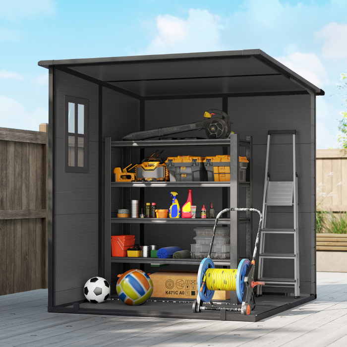  Magazie de Gradina 2.89m² din PP si Aluminiu cu Podea, Depozit Gradina cu Usi Duble cu incuietoare, Aerisiri, 3 Ferestre, Acoperis inclinat, Manusi, Gri inchis [9]