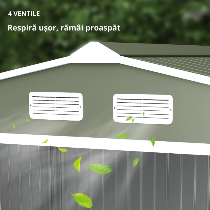  Magazie de gradina 277 x 195 x 192cm cu usi glisante duble, 4 orificii de aerisire, din otel durabil, verde [4]