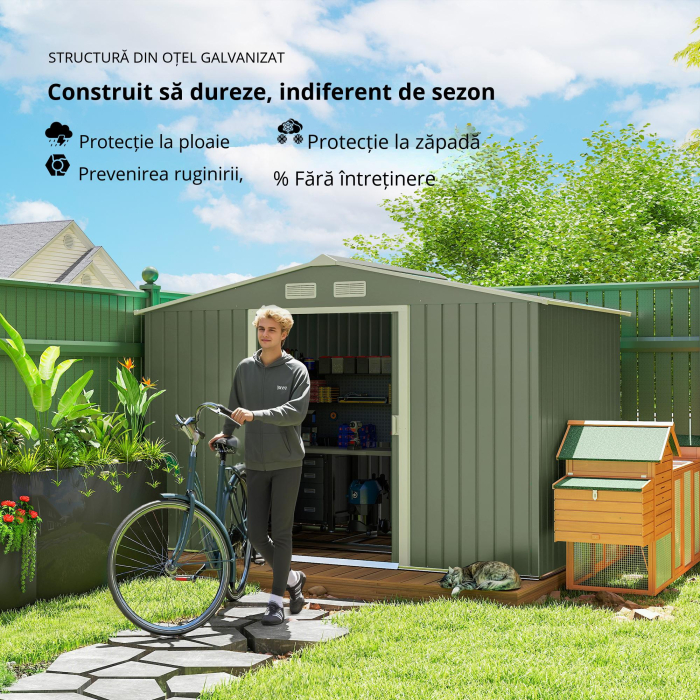  Magazie de gradina 277 x 195 x 192cm cu usi glisante duble, 4 orificii de aerisire, din otel durabil, verde [7]