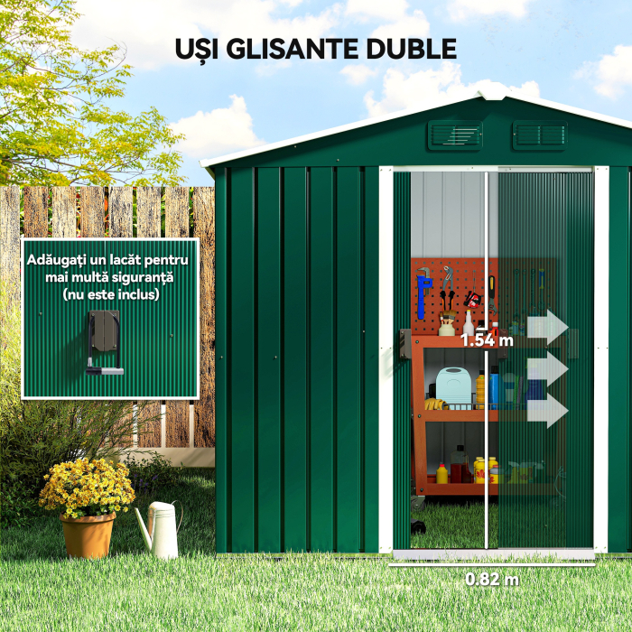  Magazie de Gradina 3,6m² din Foi de Otel cu 2 Usi Glisante si 4 Guri de Aerisire, 236x174x190 cm, Verde [5]